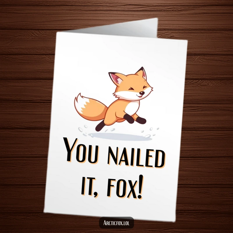 Funny Free Printable Congratulations Card: Energetic arctic fox sprinting, leaving a trail of snow, celebrating achievement.