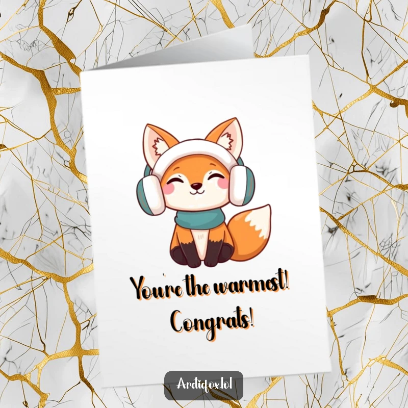Funny Free Printable Congratulations Card showing a content fox wearing earmuffs, celebrating a wonderful success.