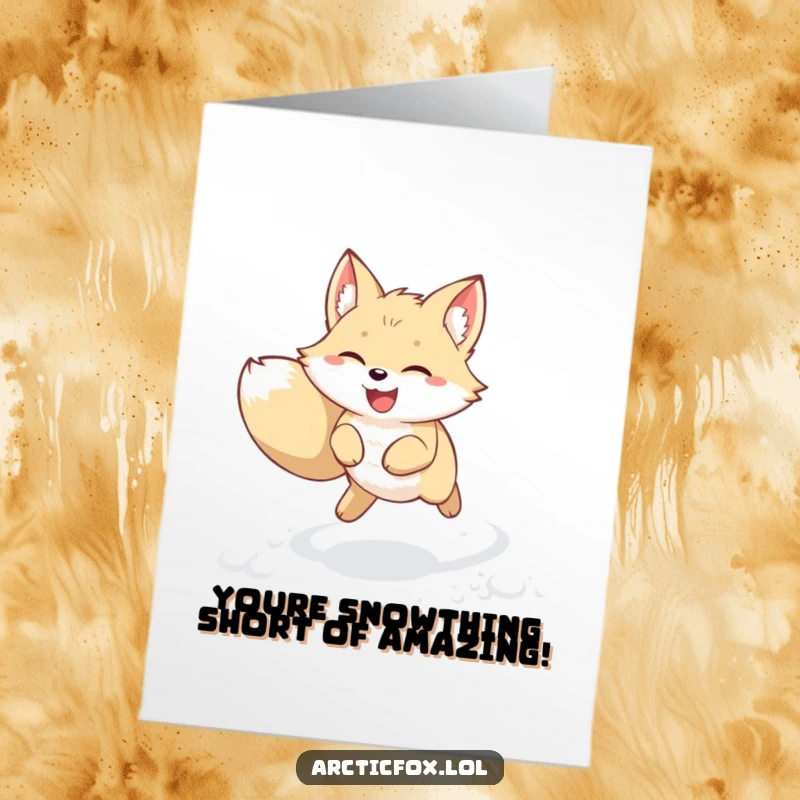 Funny Free Printable Congrats Card: Kawaii arctic fox joyfully leaping through snow, ears perked high.