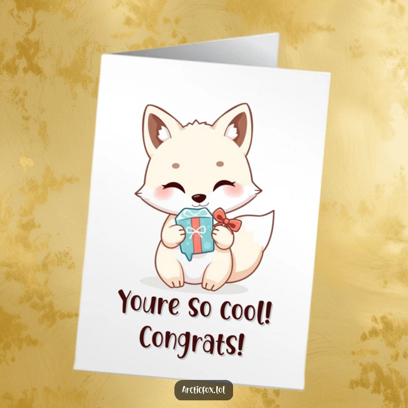 Free printable congratulations card showing a kawaii arctic fox offering a sparkling icicle as a unique and funny gift.