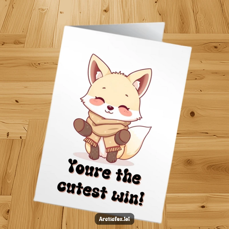 Funny Free Printable Congratulations Card: A giggling arctic fox in a scarf and mittens, celebrating with a happy ear wiggle.