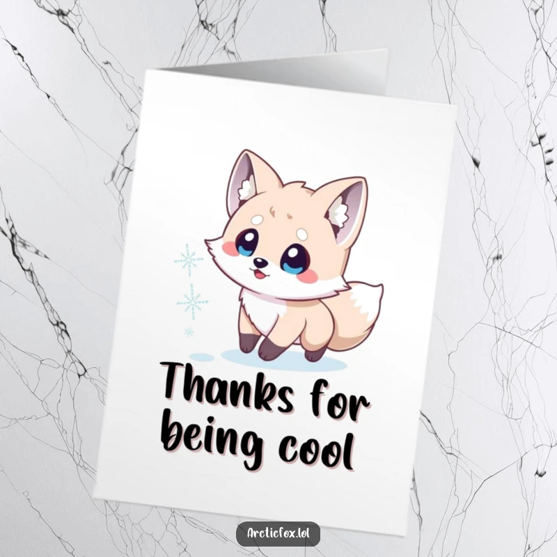 Funny Free Printable Thank You Card depicting a small Arctic fox enthusiastically pursuing a delicate, fluttering snowflake.