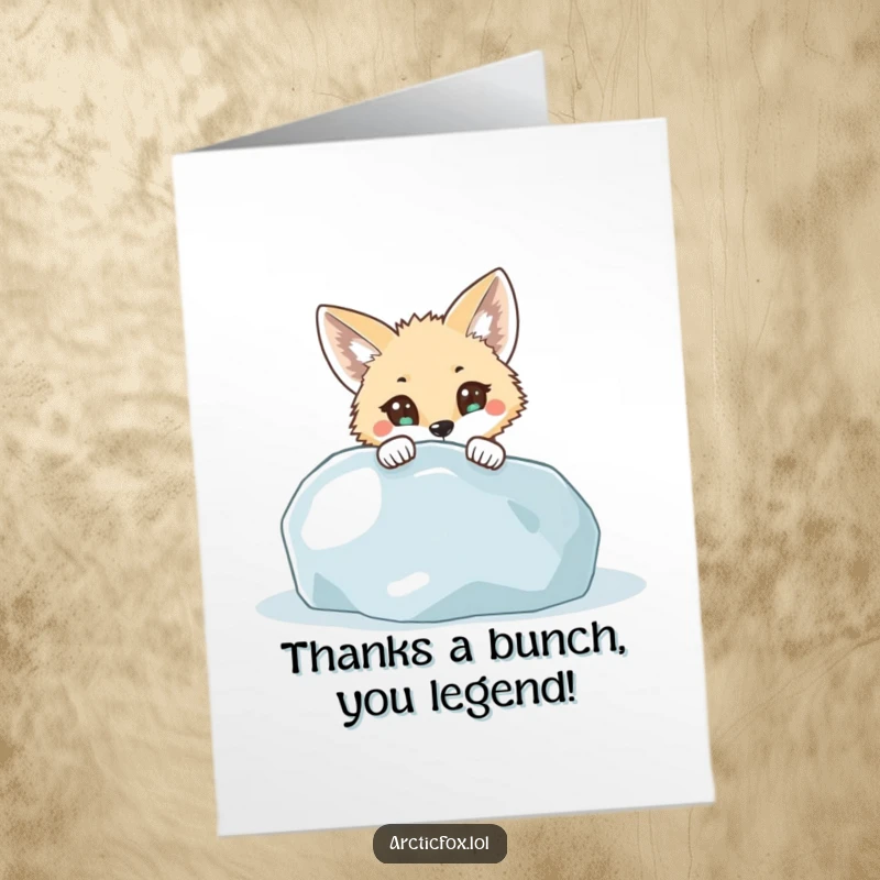 Funny Free Printable Thank You Card: An arctic fox with curious eyes peeks from an icy boulder.