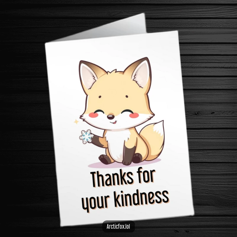 Funny Free Printable Thank You Card: Smiling arctic fox offering a friendly paw to a snowflake, a gesture of gratitude.