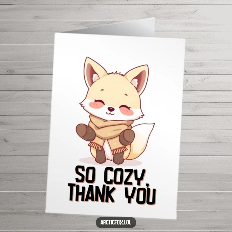 Funny Free Printable Thank You Card: Giggling arctic fox in winter wear, wiggling ears, sending warm thanks.