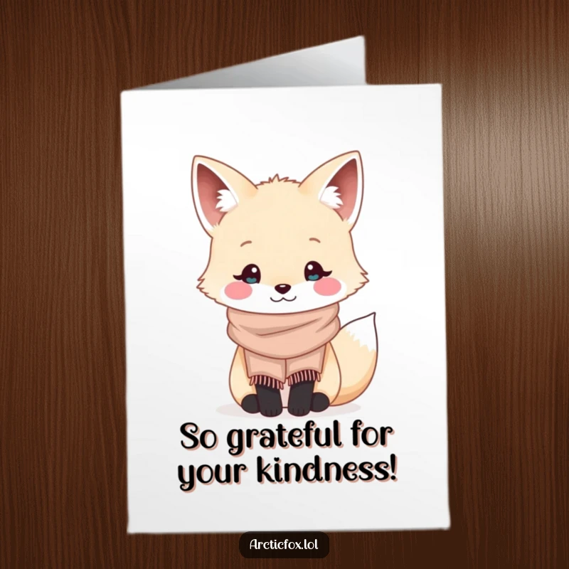 Funny Free Printable Thank You Card showcasing a smiling kawaii arctic fox in a scarf, conveying heartfelt thanks humorously.