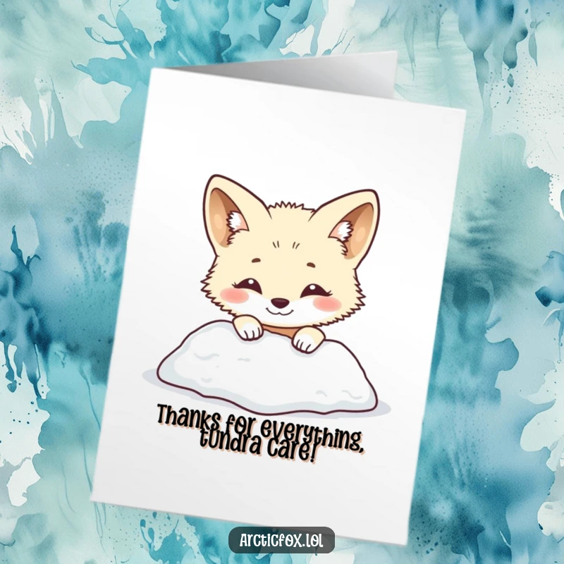 Funny Free Printable Thank You Card: Smiling arctic fox peeking out shyly from behind a snowy mound.