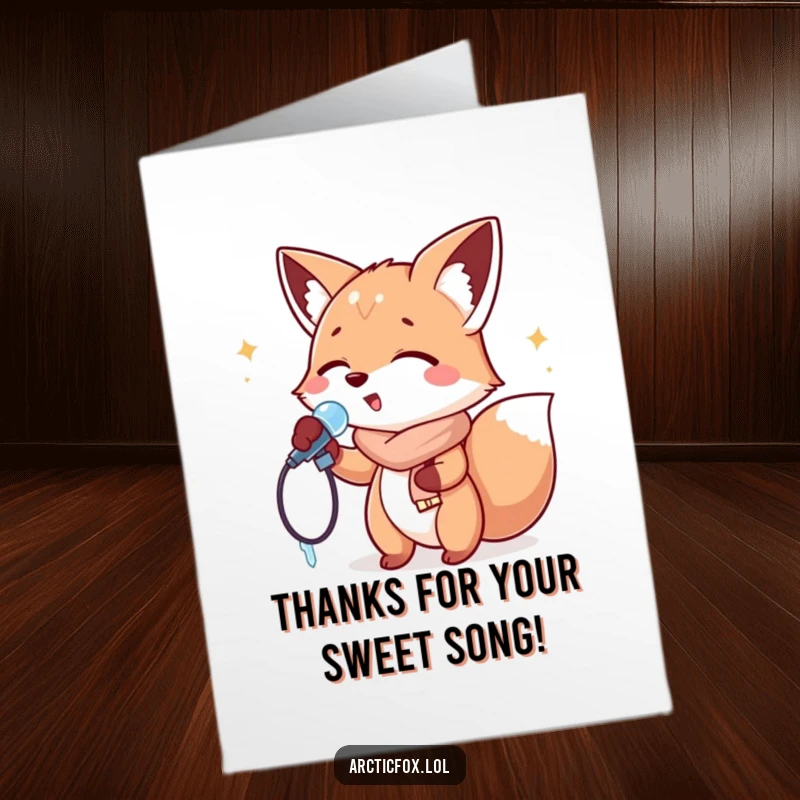 Funny Free Printable Thank You Card featuring a fox joyfully singing into an icicle, conveying heartfelt thanks.