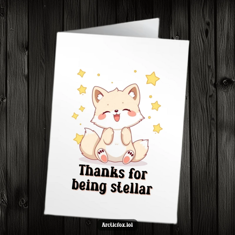 Whimsical Free Printable Thank You Card with a joyful Kawaii arctic fox gleefully catching starry wishes in its paws.