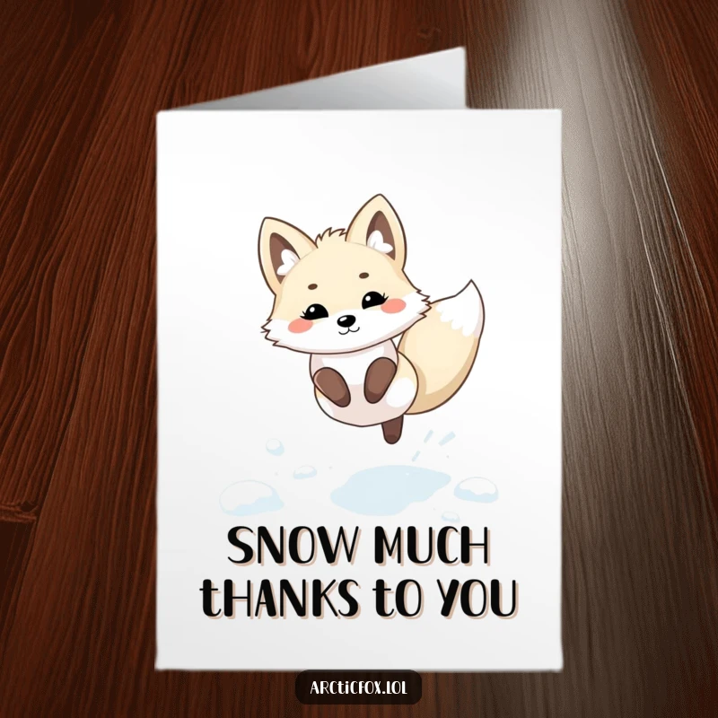 Sweet free printable kawaii arctic fox thank you card featuring a happy fox playfully leaping through fresh snow.