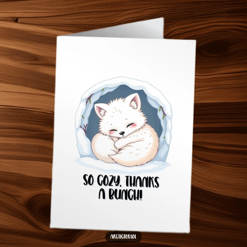 Funny Free Printable Thank You Card: An arctic fox looking content and cozy, curled up in a snowy den.