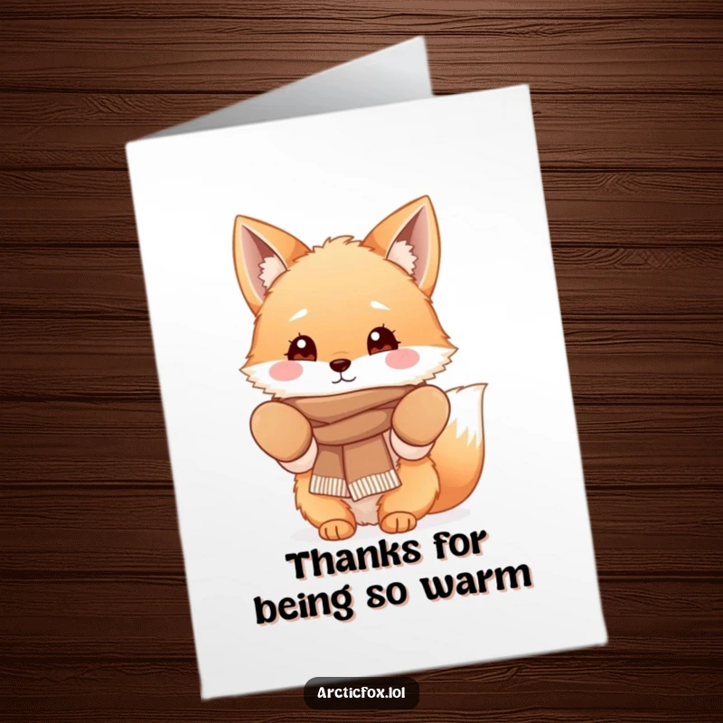 Funny Free Printable Thank You Card: Fluffy fox in mittens and scarf conveying thanks with a warm, fuzzy feeling.