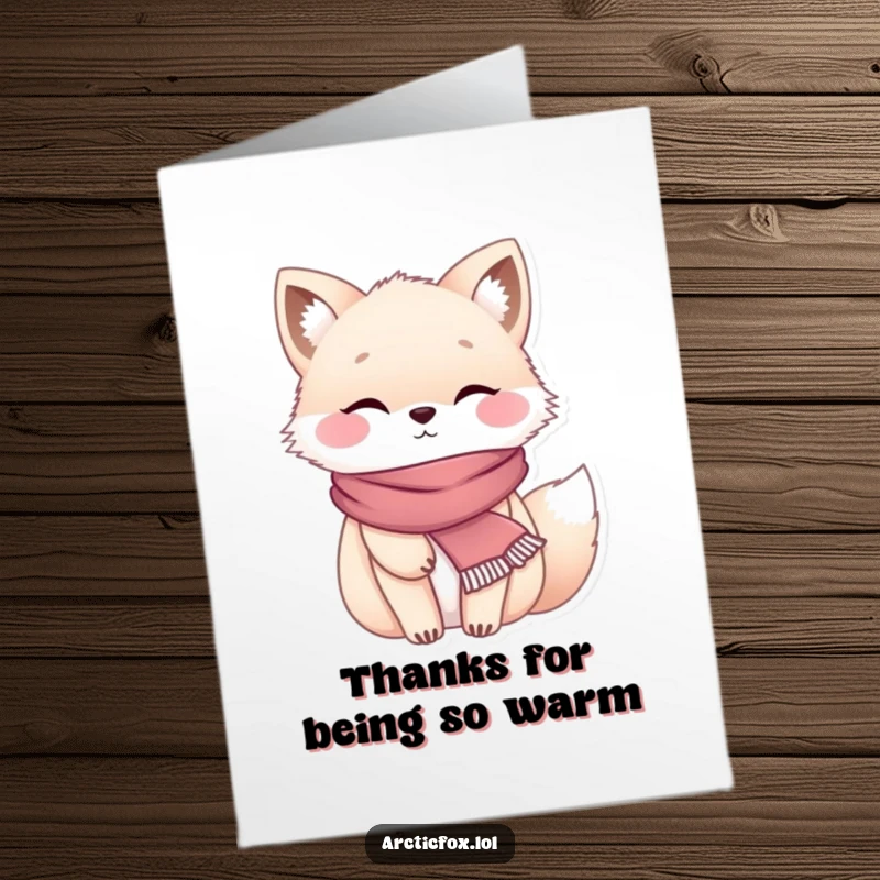Funny Free Printable Thank You Card showcasing a chubby arctic fox bundled in a scarf, looking exceptionally cozy.