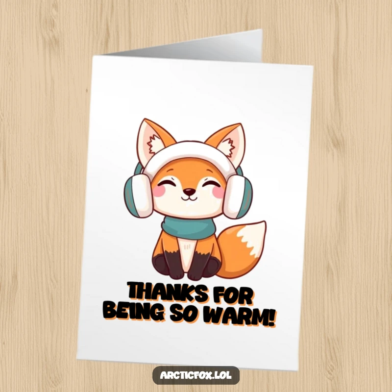 Funny Free Printable Thank You Card featuring a contented fox with earmuffs, sending sincere gratitude.