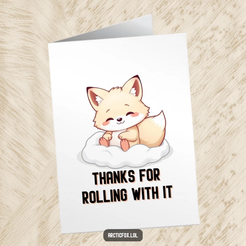 Sweet Free Printable Thank You Card: An Arctic fox character happily rolling in soft white powder, a playful thank you.