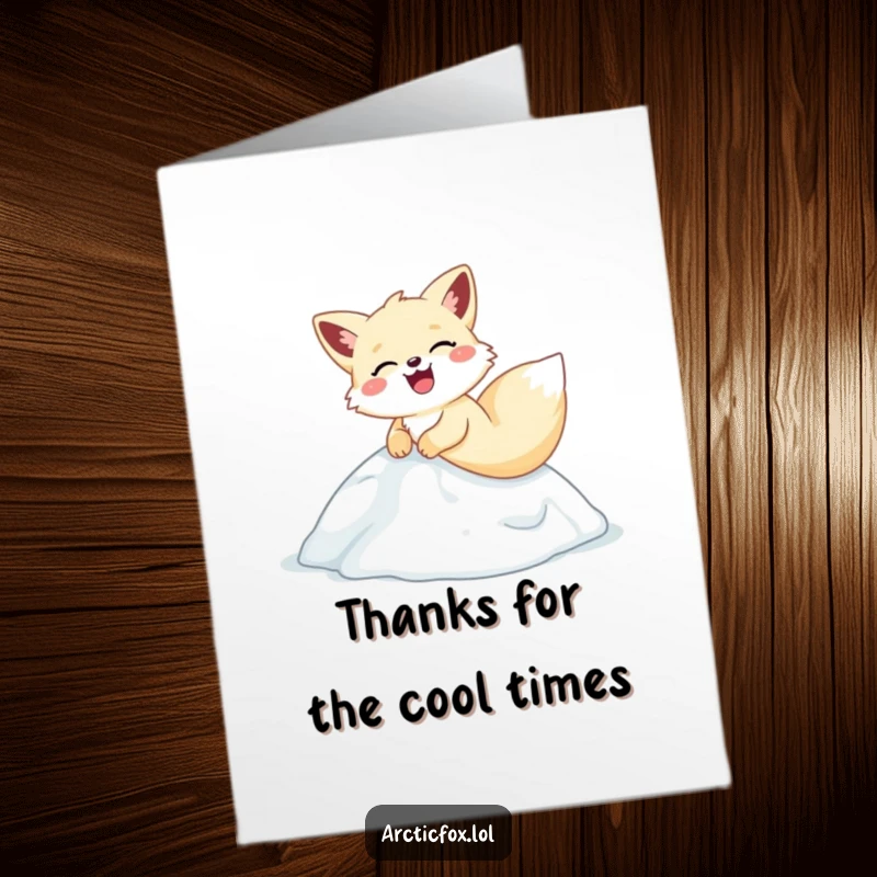 Funny Free Printable Thank You Card: An arctic fox sliding down an icy hill, laughing with pure delight.