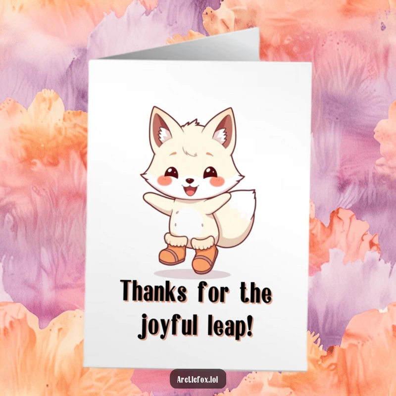 Funny Free Printable Thank You Card featuring an arctic fox in boots joyfully leaping as a sign of thanks.