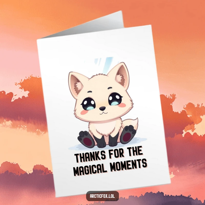 Funny Free Printable Thank You Card: An arctic fox staring in awe at the vibrant, shimmering aurora borealis.