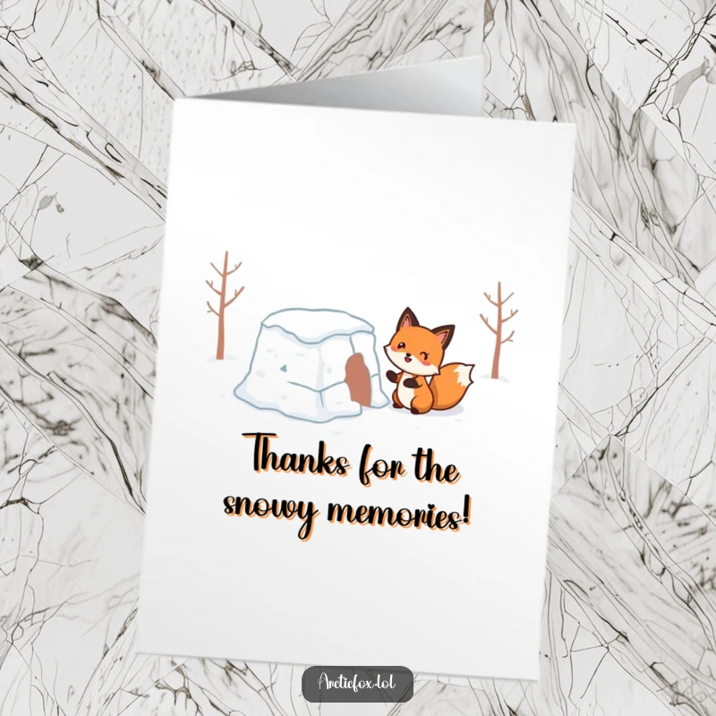 Funny Free Printable Thank You Card featuring a happy fox humorously attempting to build a precarious snow fort.