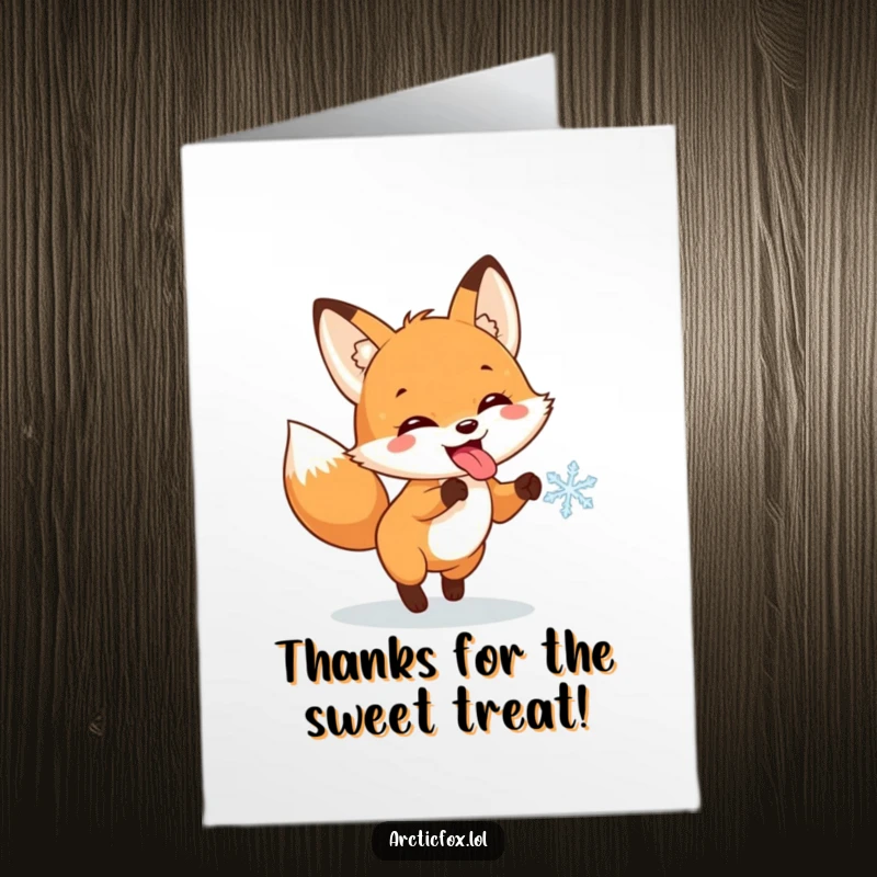 Funny Free Printable Thank You Card: A fox joyfully leaps to catch a snowflake with its tongue out, a delightful thank you.