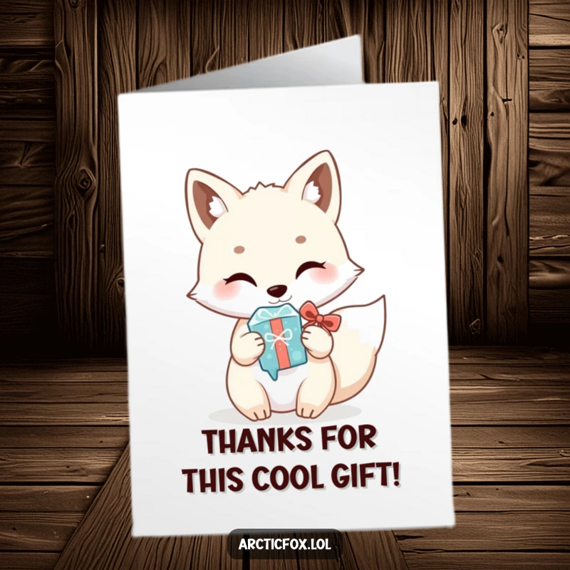 Funny free printable thank you card featuring a sweet kawaii arctic fox offering a gleaming icicle like a precious gift.