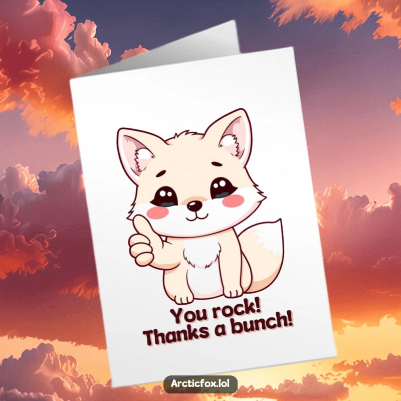 Funny Free Printable Thank You Card: A kawaii arctic fox gives a cheerful thumbs up with its paw, expressing thanks.