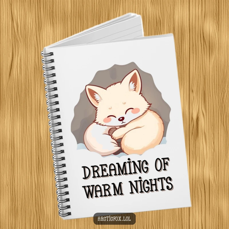 Funny notebook cover with a content arctic fox curled in a warm, snowy den, captured mid-happy sigh.