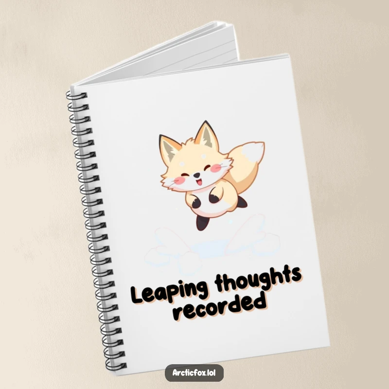 Funny Arctic fox notebook showing a joyful leap through fresh, powdery snow, inspiring humorous winter writing.