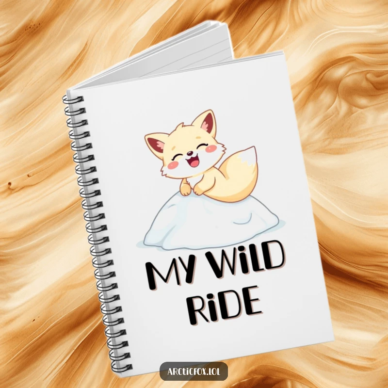 Funny arctic fox notebook, depicting a hilarious slide and laugh down an icy hill, ideal for funny note-taking.