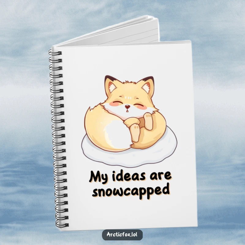 Funny Arctic fox notebook, featuring a playful animal enjoying a snow roll, ideal for jotting down amusing thoughts.
