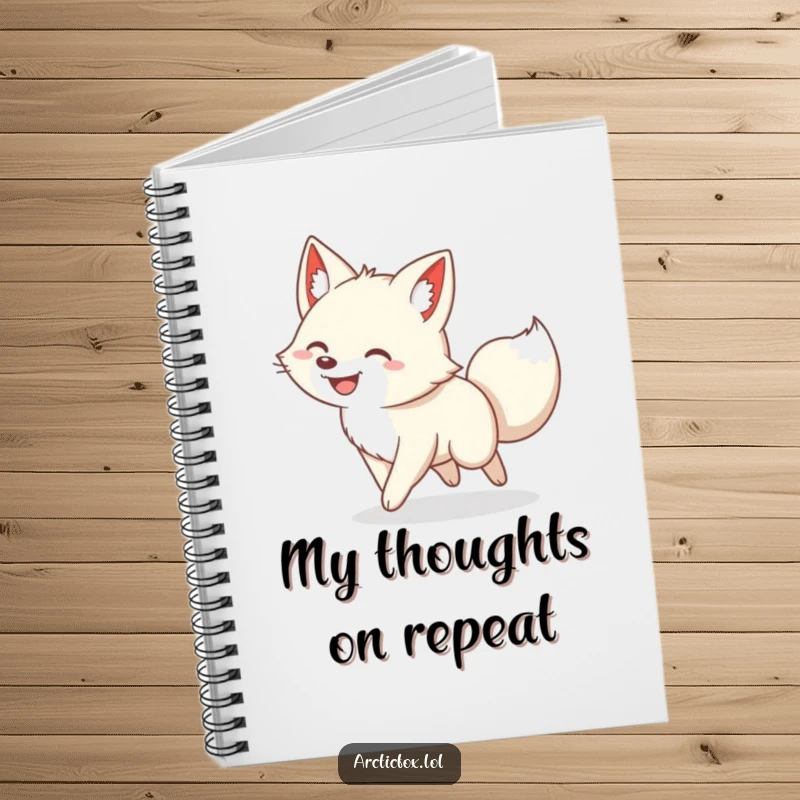 Funny notebook with a grinning arctic fox energetically chasing its own tail, perfect for jotting down funny thoughts.
