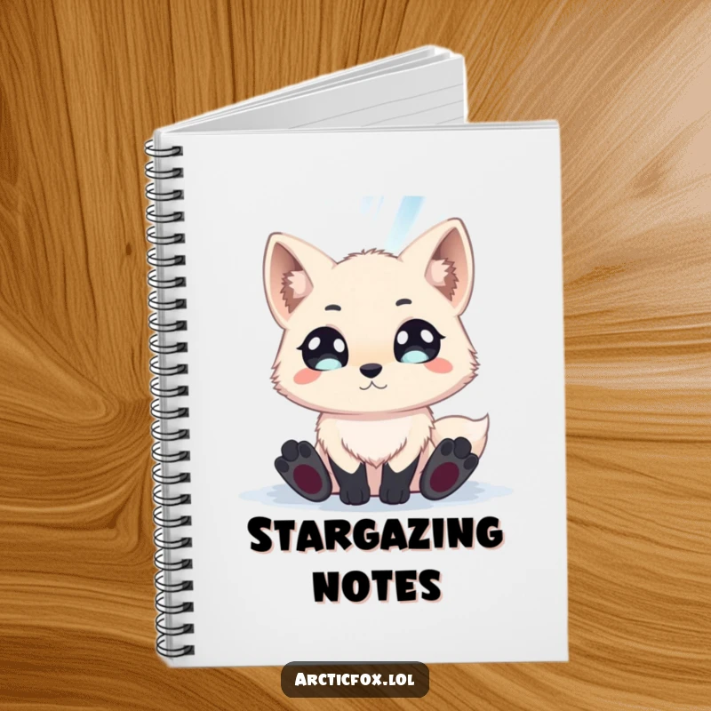 Funny arctic fox with wide eyes mesmerized by the aurora borealis, ready to inspire notes in a magical notebook.
