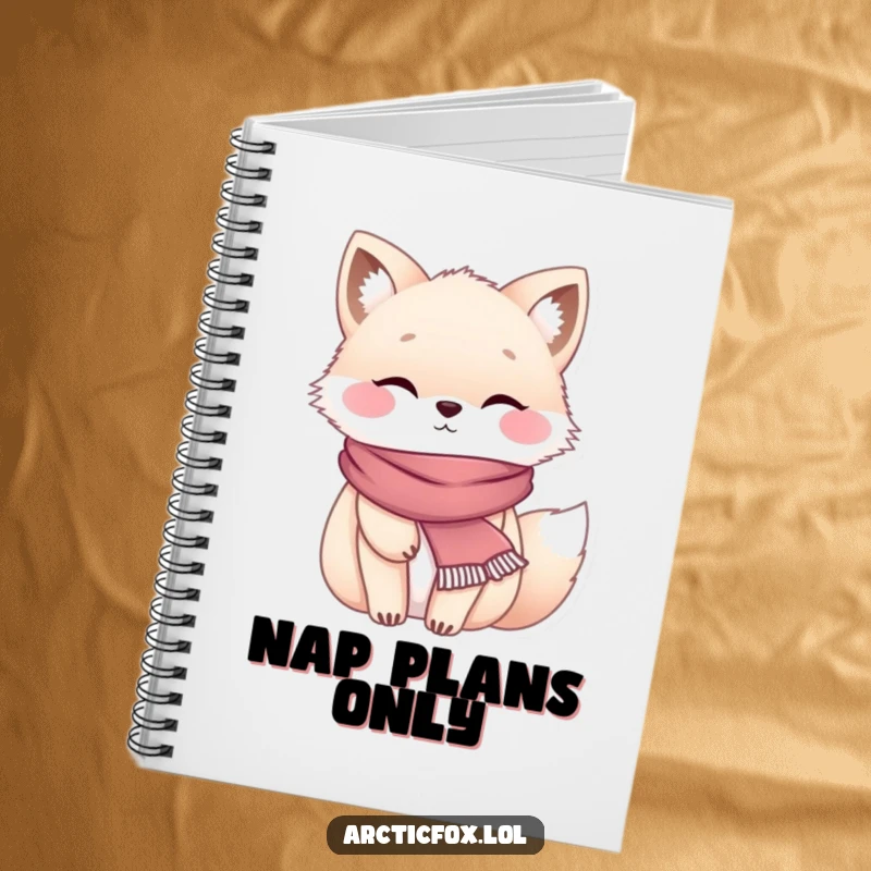 Funny chubby arctic fox wearing a tiny scarf, looking cozy and ready to jot down notes in a notebook.