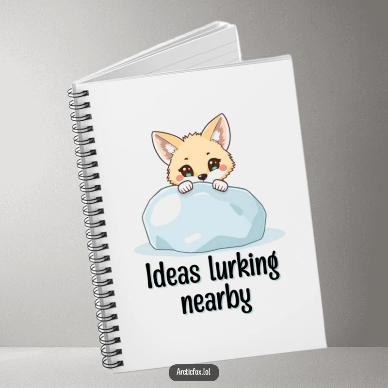 Funny Notebook: A curious arctic fox with wide eyes peeks from behind an icy boulder, inspiring creative and humorous note-taking.
