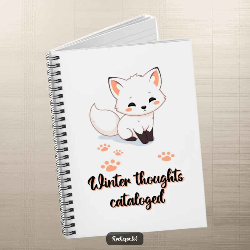 Funny cute Arctic fox notebook, showing playful paw prints in the snow, perfect for jotting down ideas with winter charm.