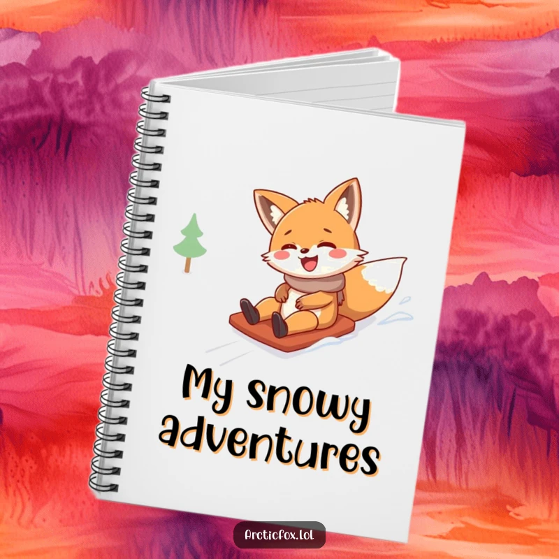 Funny notebook cover with a fox character giggling gleefully while sliding down a snowy hill, perfect for jotting down funny thoughts.