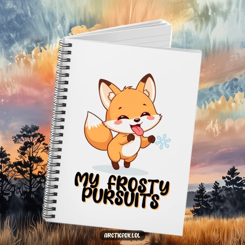Funny notebook cover with a fox character sticking its tongue out, joyfully chasing a snowflake, perfect for jotting down winter fun.