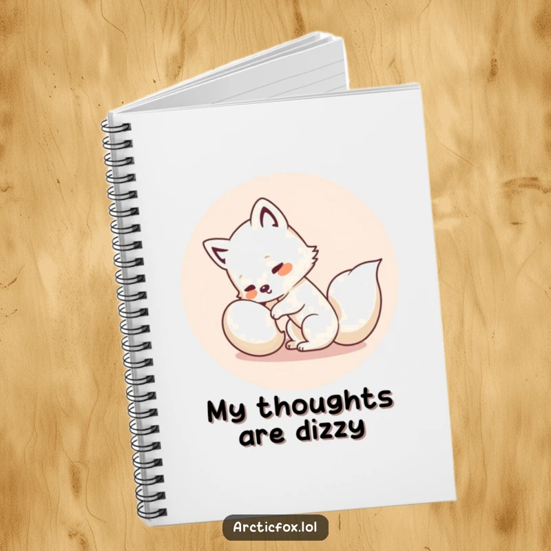 Funny Kawaii Arctic Fox Notebook: Cute white fox in a comical tail-chasing spin, perfect for jotting down funny thoughts and ideas.