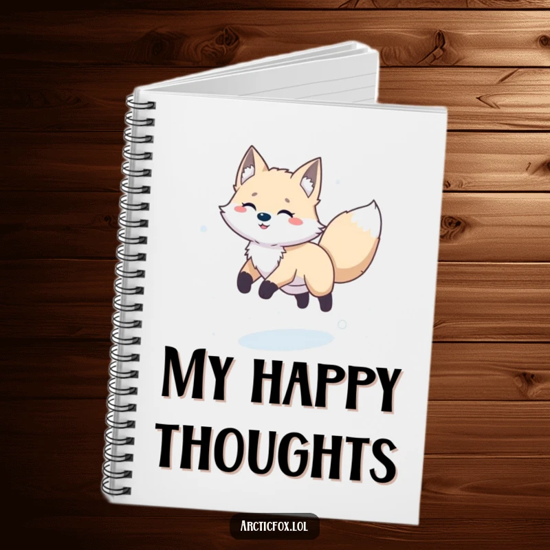 Funny happy arctic fox joyfully leaping through snow, ready to inspire notes in a playful notebook.