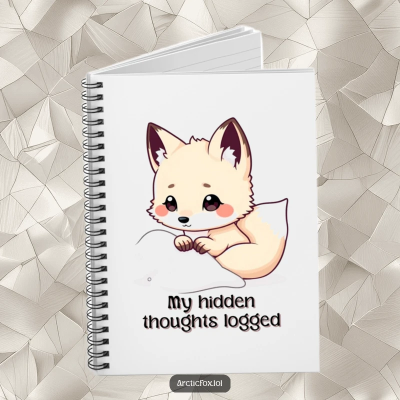 Funny Kawaii Arctic Fox Notebook, peeking from snowy drift, ears perked, cute stationery, humorous animal journal, ideal funny gift