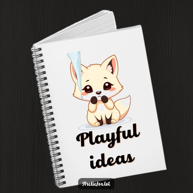 Funny arctic fox playfully batting at a dangling icicle with its paw, ready to inspire notes in a playful notebook.