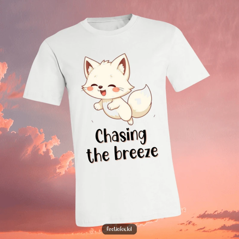 Funny Kawaii arctic fox gleefully pouncing on a gust of wind, a wonderfully animated and amusing t-shirt design.