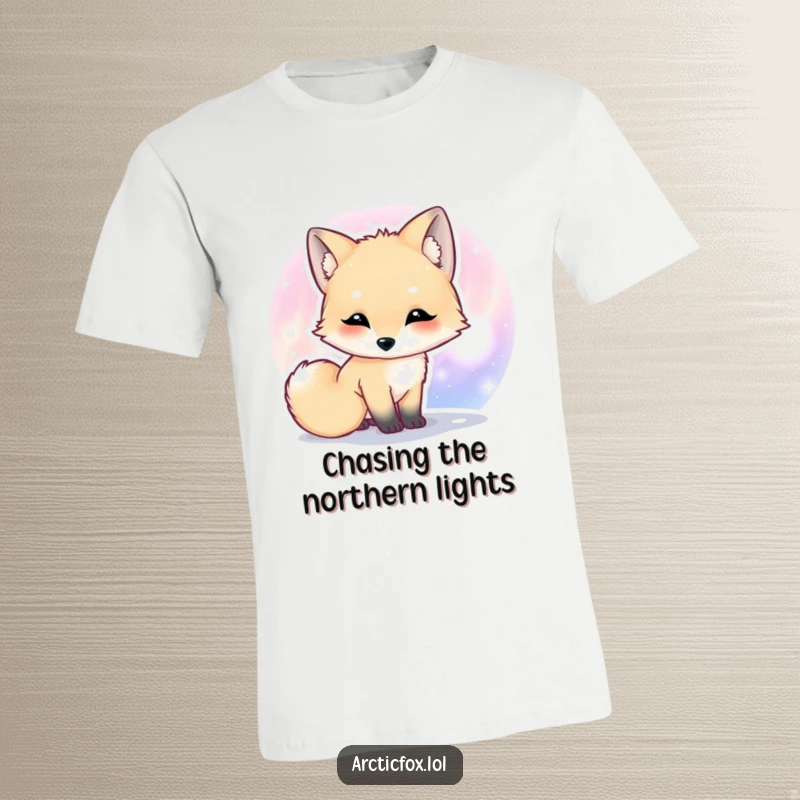 Funny Kawaii arctic fox t-shirt depicting a cute fox curiously sniffing a vibrant, colorful aurora borealis.