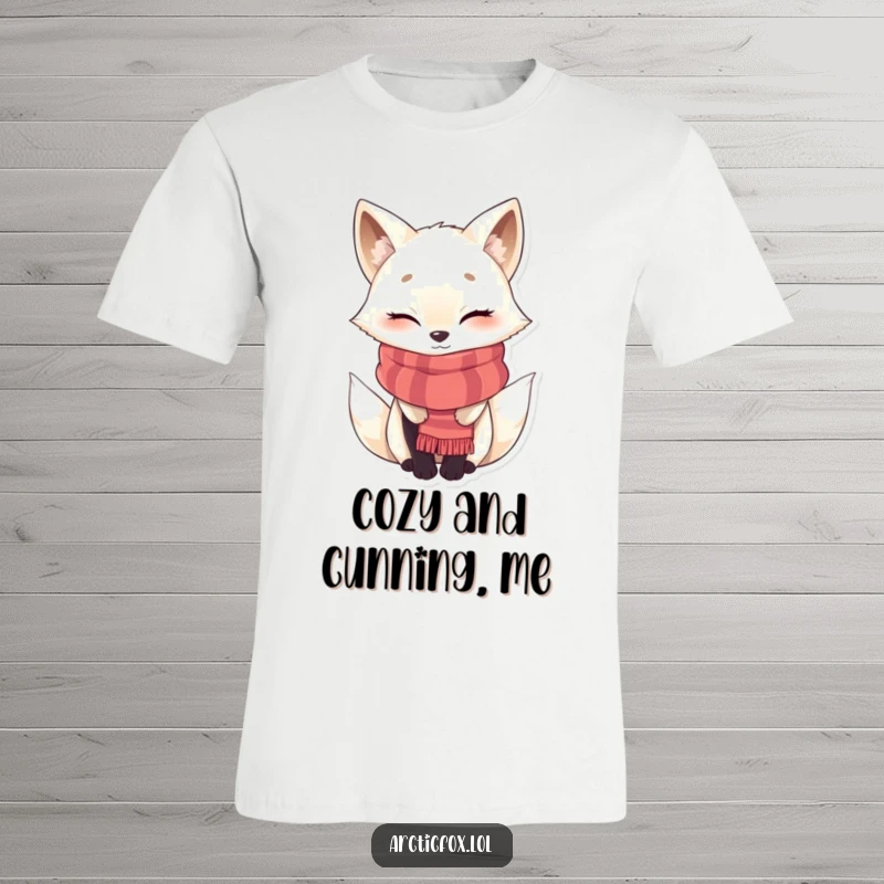 Funny winking Arctic fox t-shirt, dressed in a warm scarf, perfect for cozy vibes and a touch of playful mischief.