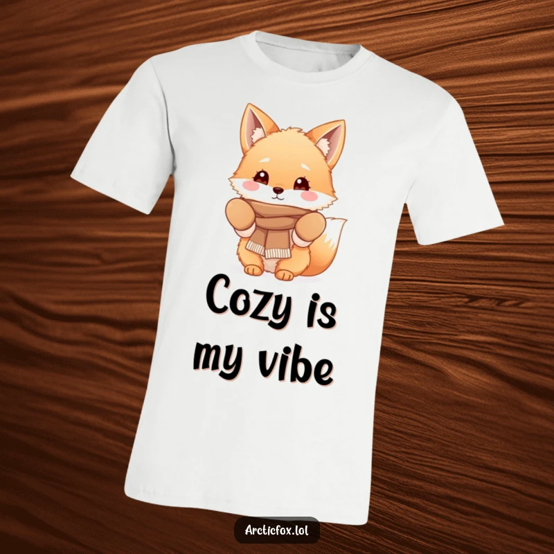 Funny Fluffy Fox T-Shirt showcasing a cute fox character wearing cozy mittens and a scarf, perfect for winter comfort and style.