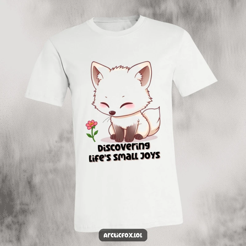 Funny kawaii arctic fox curiously sniffing a tiny single bloom, printed on a soft and comfortable t-shirt.