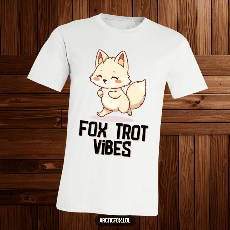 Funny Kawaii Arctic Fox T-Shirt featuring a joyful little hop, exuding energy and happiness.