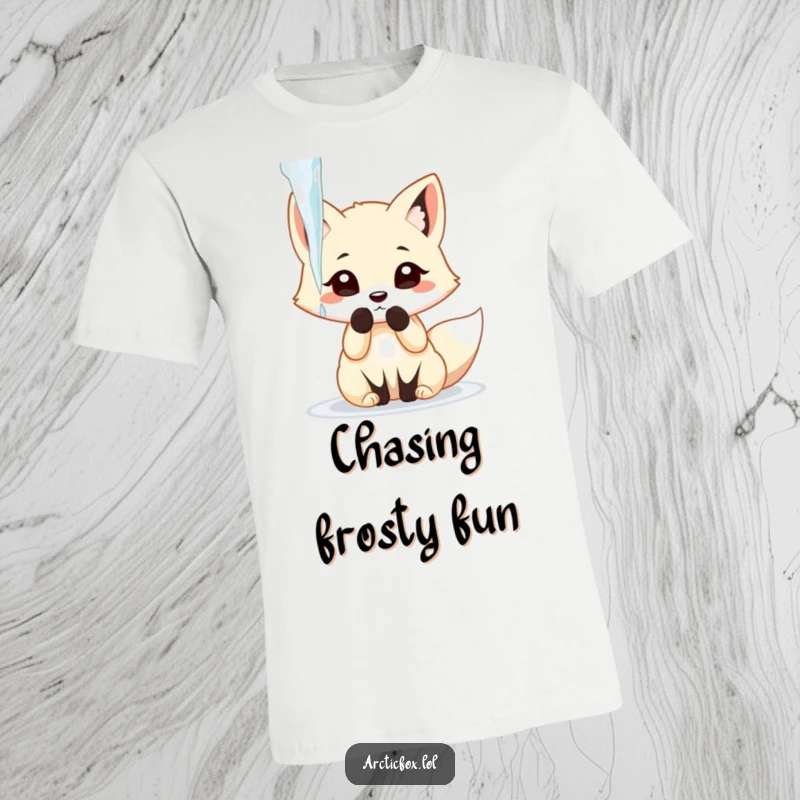 Funny arctic fox in a playful pose, batting at a dangling icicle with its paw, featured on a t-shirt.