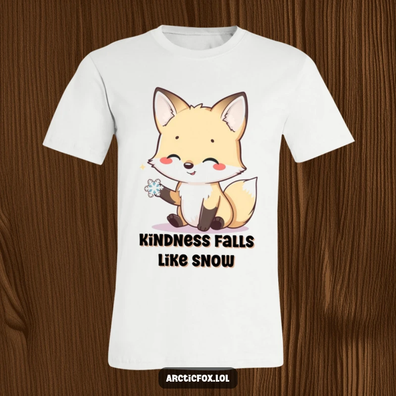 Funny t-shirt illustrating a smiling arctic fox offering its paw in a friendly gesture to a tiny, isolated snowflake.