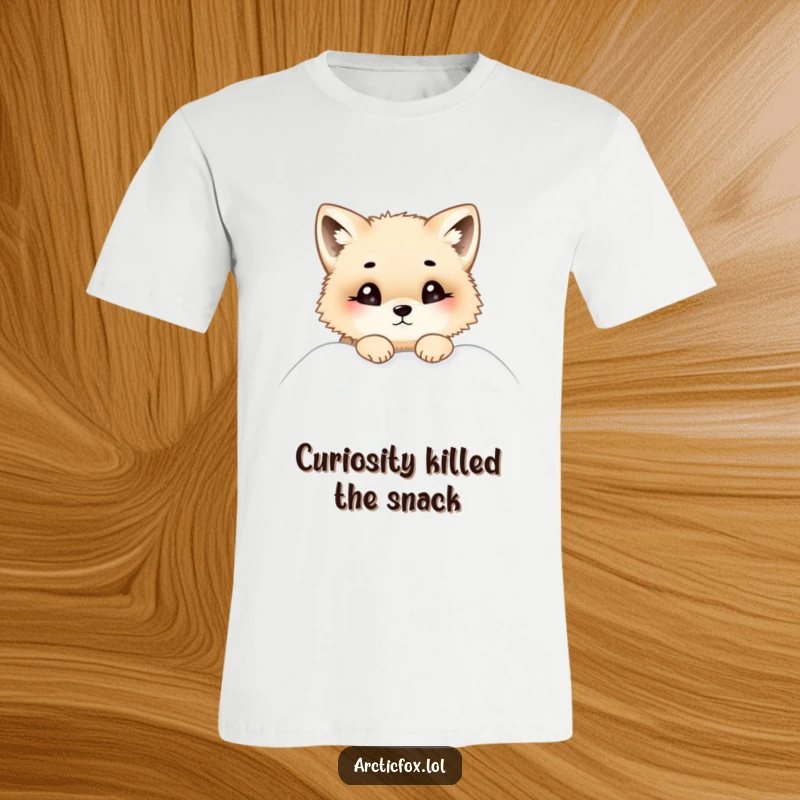Funny t-shirt graphic of a chubby Arctic fox with wide, curious eyes peeking out from a snowy drift, looking adorable and playful.